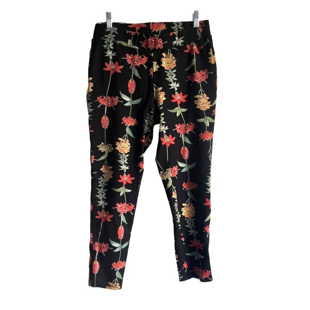 Lark & Grey Floral Print Ankle Pants XL Elastic Waist Stretchy Artsy Multicolor